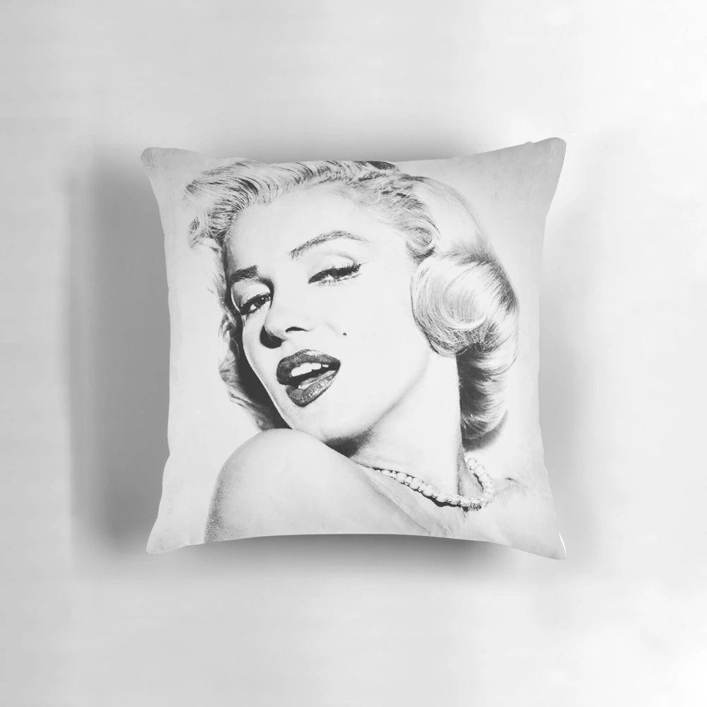 Vintage black and white portrait of Marilyn Monroe, a famous Hollywood actress, on a high-quality D24 pillow.