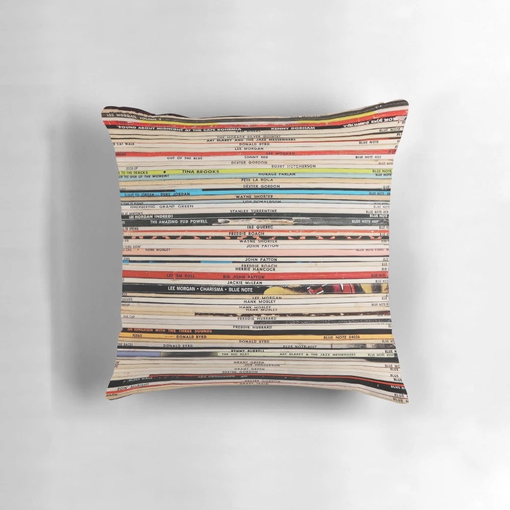 Blue Note inspired decorative throw pillow featuring vintage vinyl records design