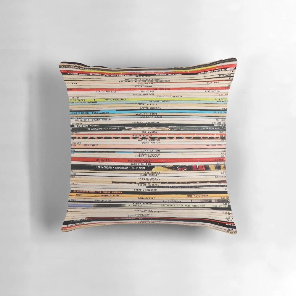 A blue and white throw pillow featuring the iconic Blue Note Records logo and design, perfect for jazz music and record collector enthusiasts.