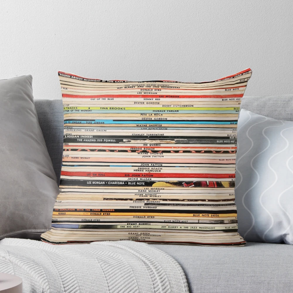 A blue and white throw pillow featuring the iconic Blue Note Records logo and design, perfect for jazz music and record collector enthusiasts.