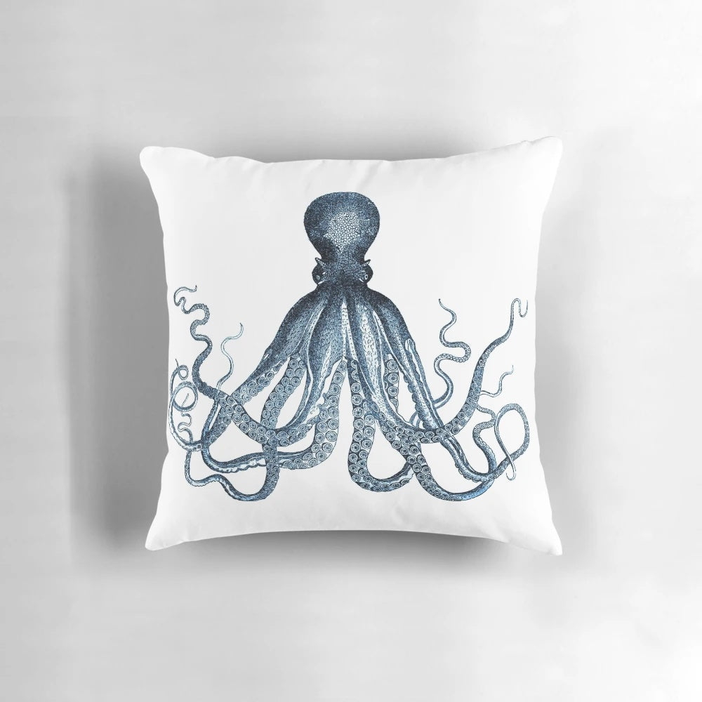 Vintage blue octopus art print with a kraken-inspired design in a nautical, retro style inspired by the scientific illustrations of Ernst Haeckel.