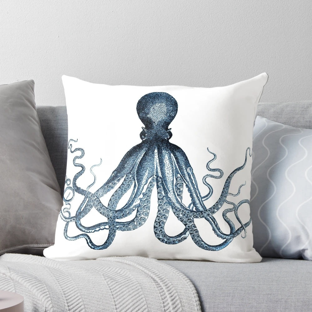 Vintage blue octopus art print with a kraken-inspired design in a nautical, retro style inspired by the scientific illustrations of Ernst Haeckel.