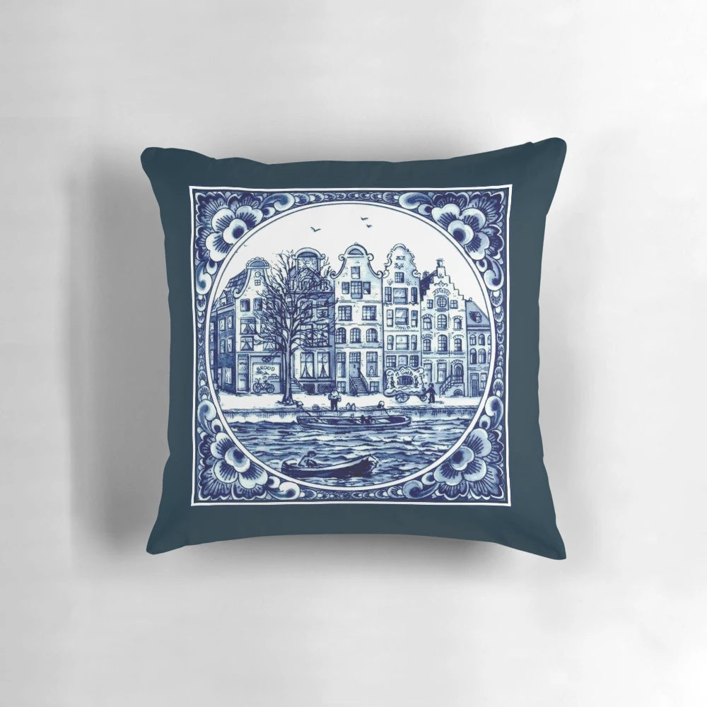 Vintage boats floating in a Dutch canal with blue and white Delft-style illustration, perfect for home decor.
