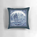 Vintage boats floating in a Dutch canal with blue and white Delft-style illustration, perfect for home decor.