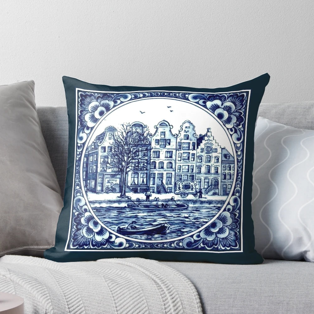 Vintage boats floating in a Dutch canal with blue and white Delft-style illustration, perfect for home decor.