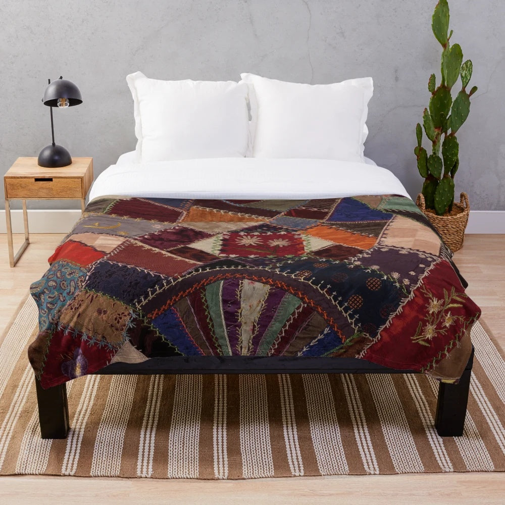 Vintage Bohemian Plush Blanket with Colorful Patchwork Design
