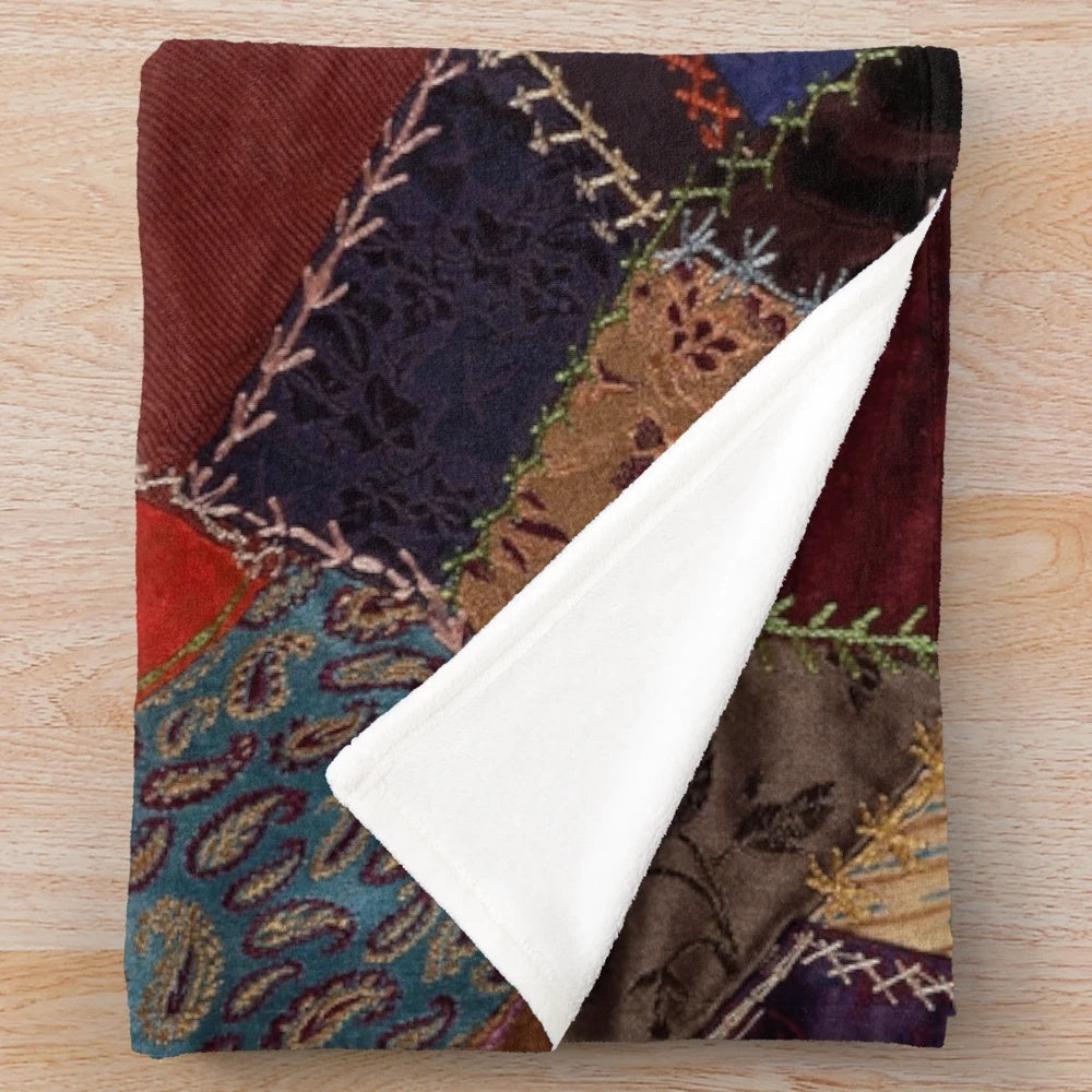 Vintage Bohemian Plush Blanket with Colorful Patchwork Design