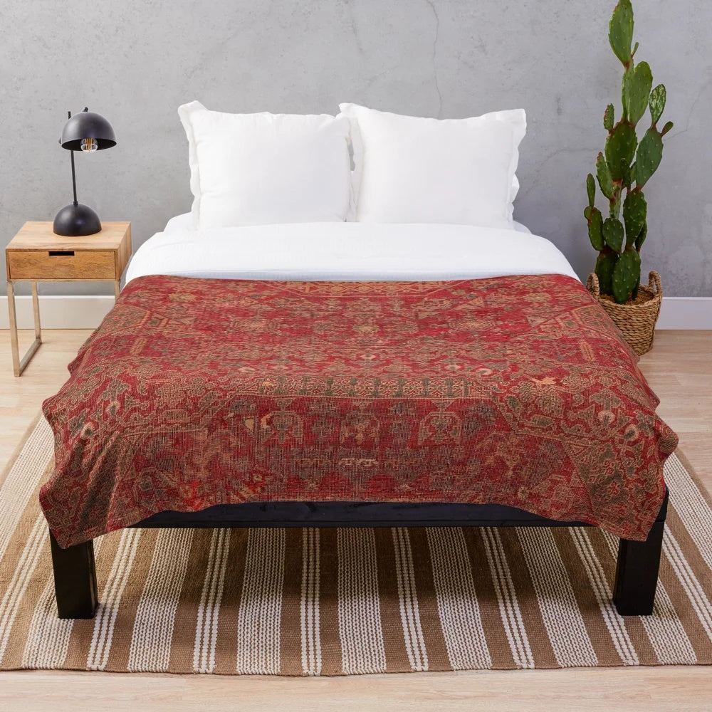 Colorful vintage-inspired plush blanket with distressed 15th century medallion pattern