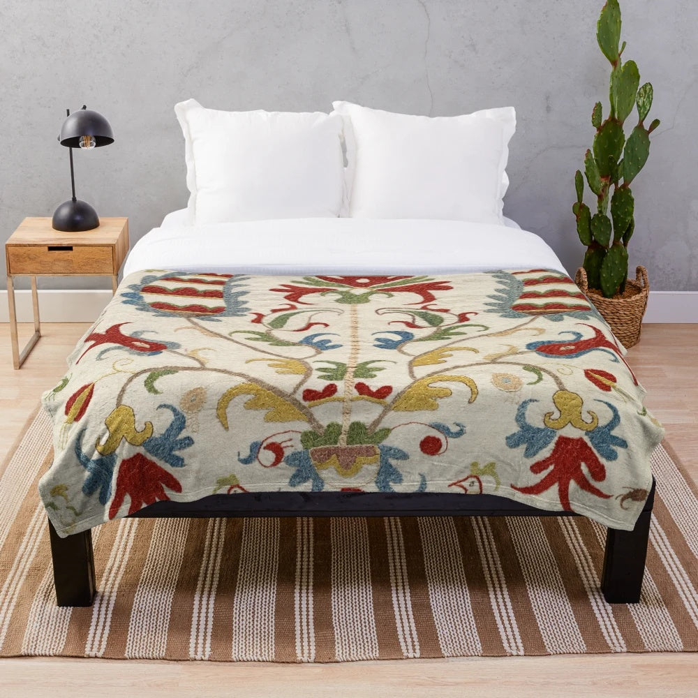 Vintage Bohemian Suzani Inspired Plush Blanket
