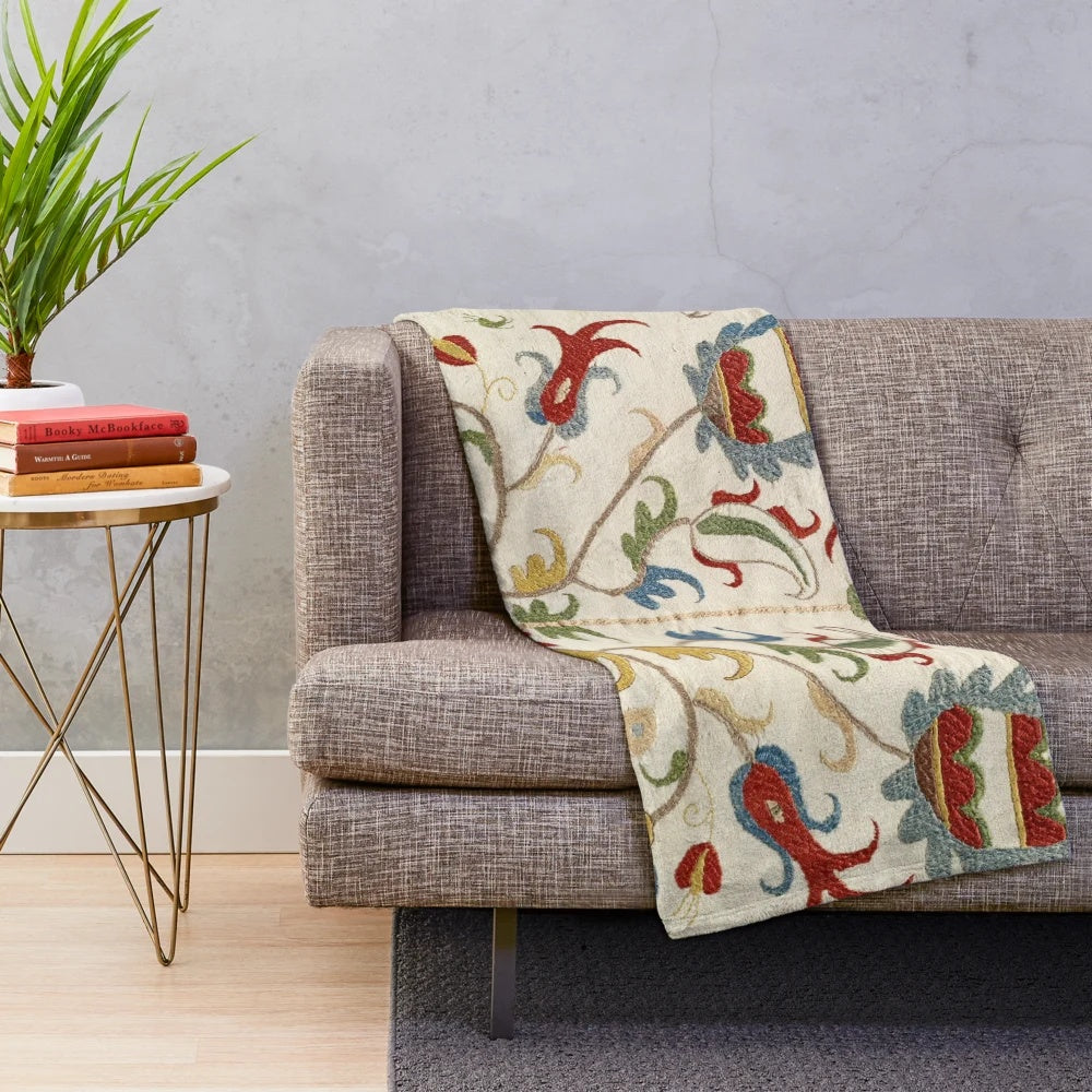 Vintage Bohemian Suzani Inspired Plush Blanket