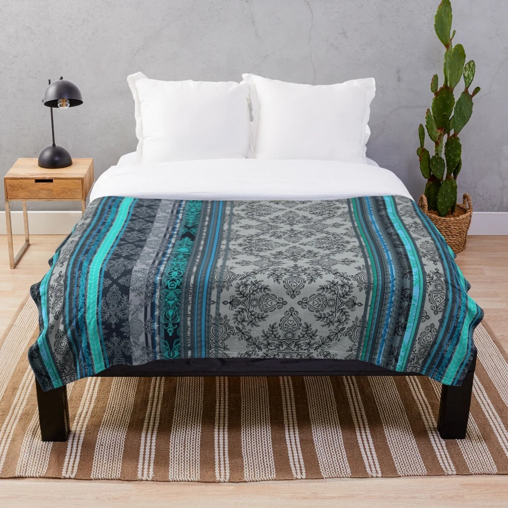 Vintage Bohemian Teal Plush Blanket with Damask and Stripe Pattern