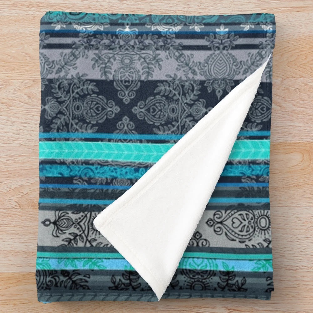 Vintage Bohemian Teal Plush Blanket with Damask and Stripe Pattern