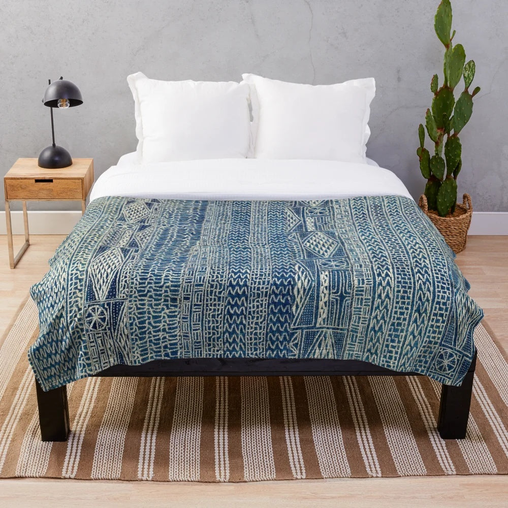 Vintage boho plush blanket with Ndop Cameroon textile print