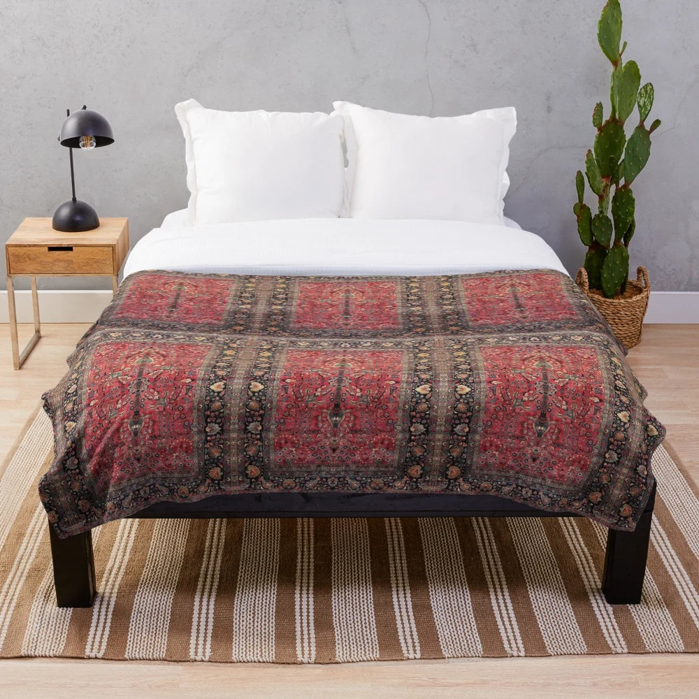 Vintage boho style plush blanket with antique oriental red carpet pattern