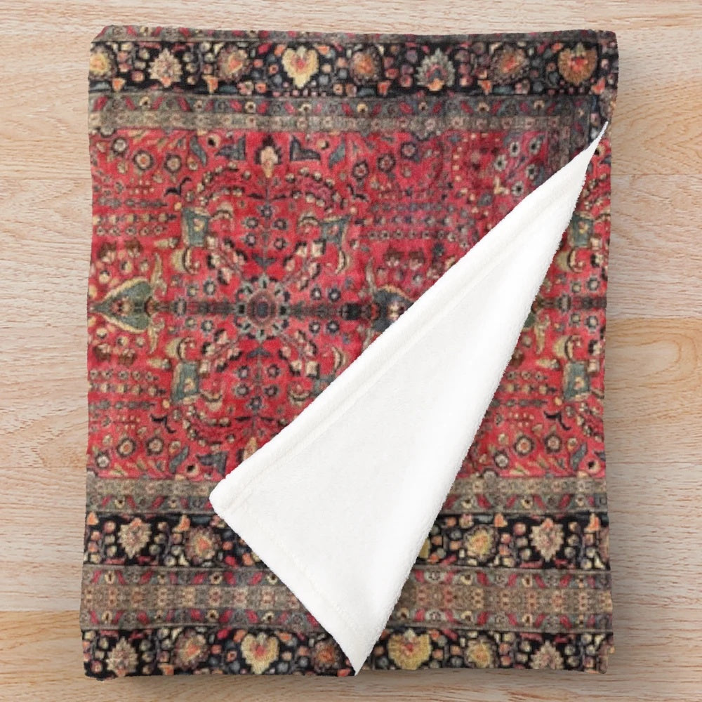 Vintage boho style plush blanket with antique oriental red carpet pattern