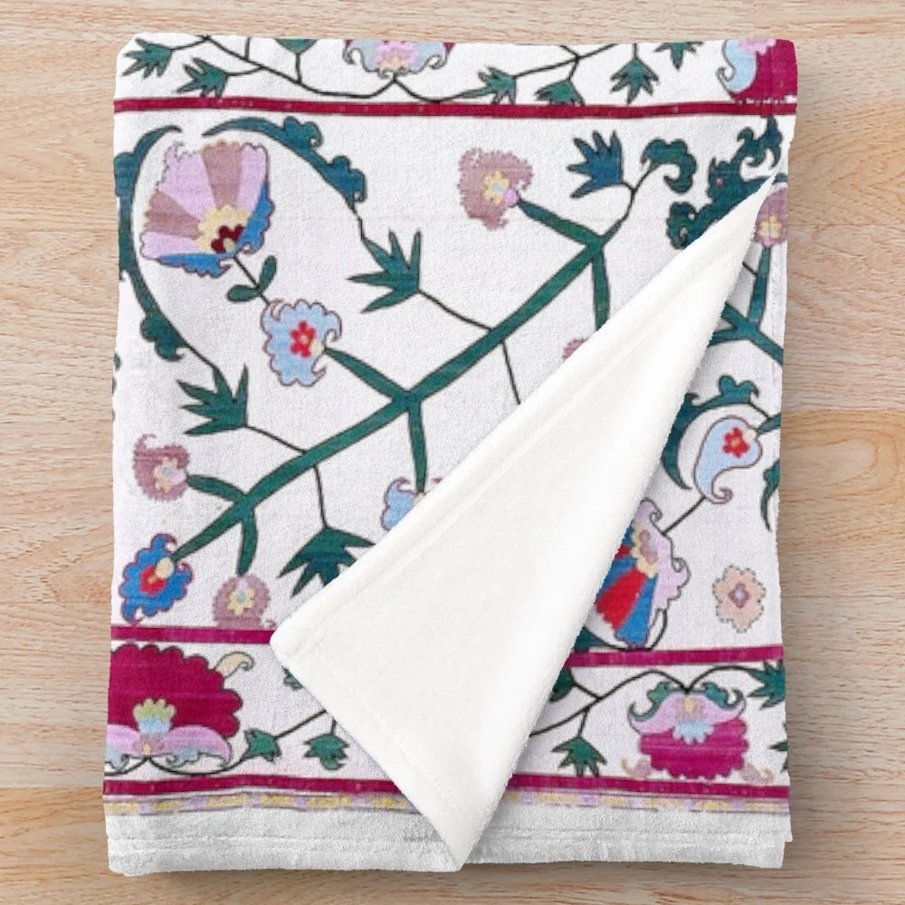 Vintage Boho Uzbekistan Suzani Embroidery Plush Blanket