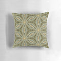 Vintage-inspired pillow with a bold kaleidoscope print, antique gold beads, and a sage green wash for a unique, one-of-a-kind look.