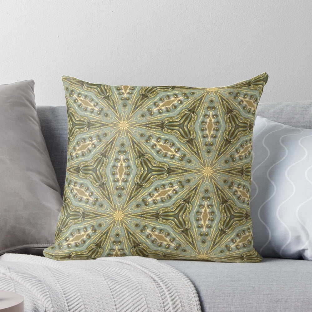 Vintage-inspired pillow with a bold kaleidoscope print, antique gold beads, and a sage green wash for a unique, one-of-a-kind look.