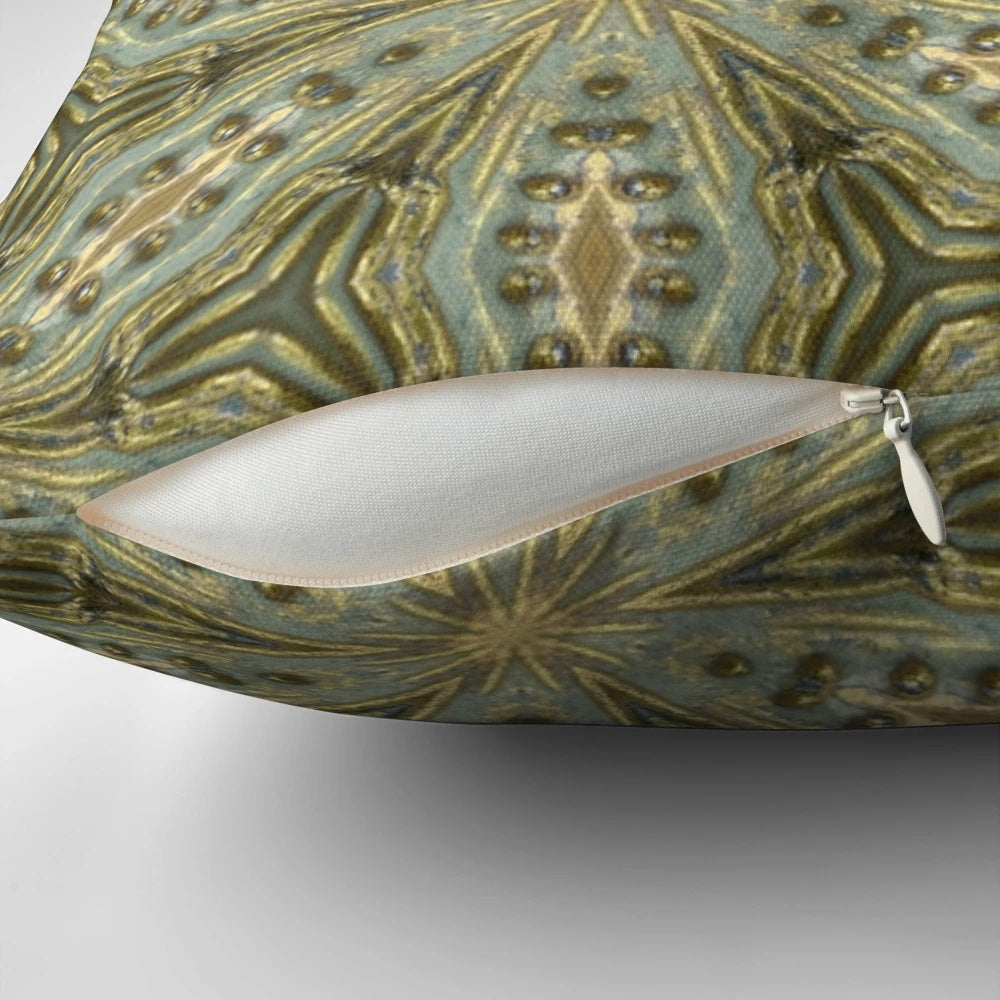Vintage-inspired pillow with a bold kaleidoscope print, antique gold beads, and a sage green wash for a unique, one-of-a-kind look.