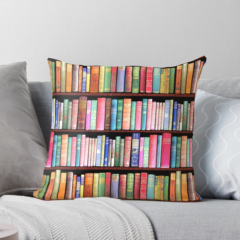 Vintage-inspired pillow featuring an antique book shelf design, perfect for book lovers and bibliophiles.