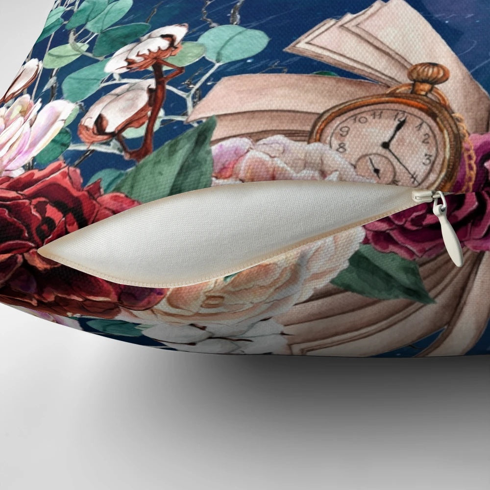 Vintage-inspired decorative pillow featuring a "Life is a Book" design with floral, gears, and literary elements.
