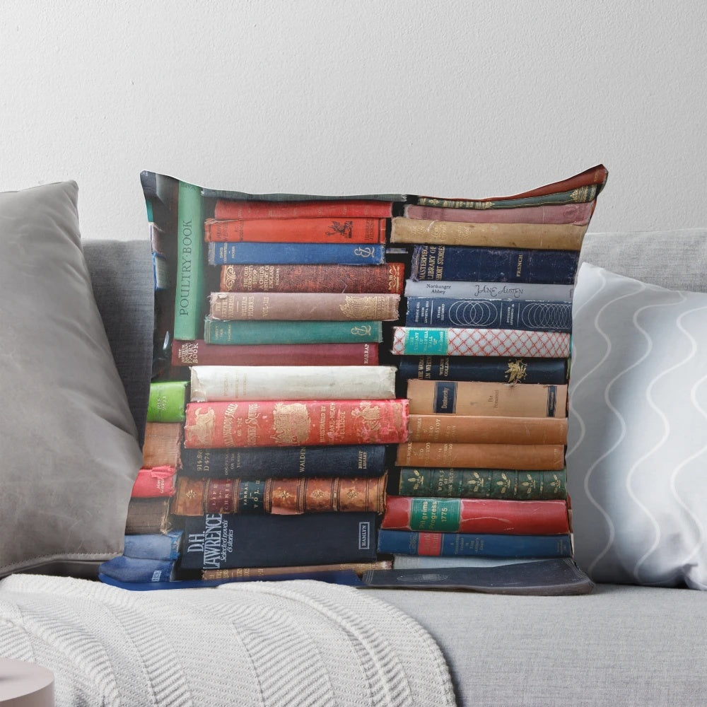 Vintage book-themed pillow with antique book covers and classic literature