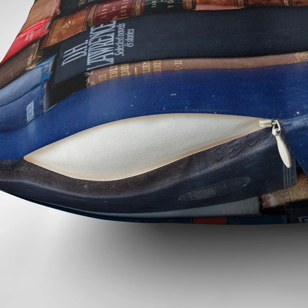 Vintage book-themed pillow with antique book covers and classic literature