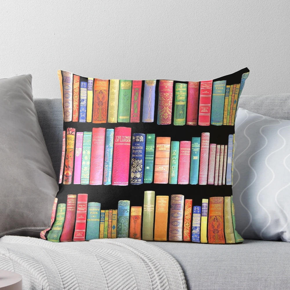Vintage bookshelf accent pillow with antique books, perfect for book lovers and bibliophiles.