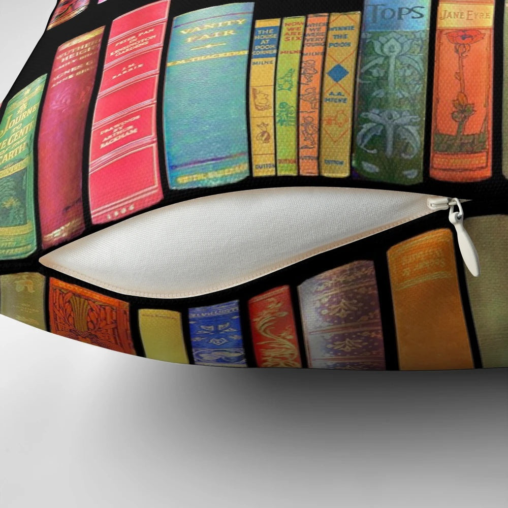 Vintage bookshelf accent pillow with antique books, perfect for book lovers and bibliophiles.