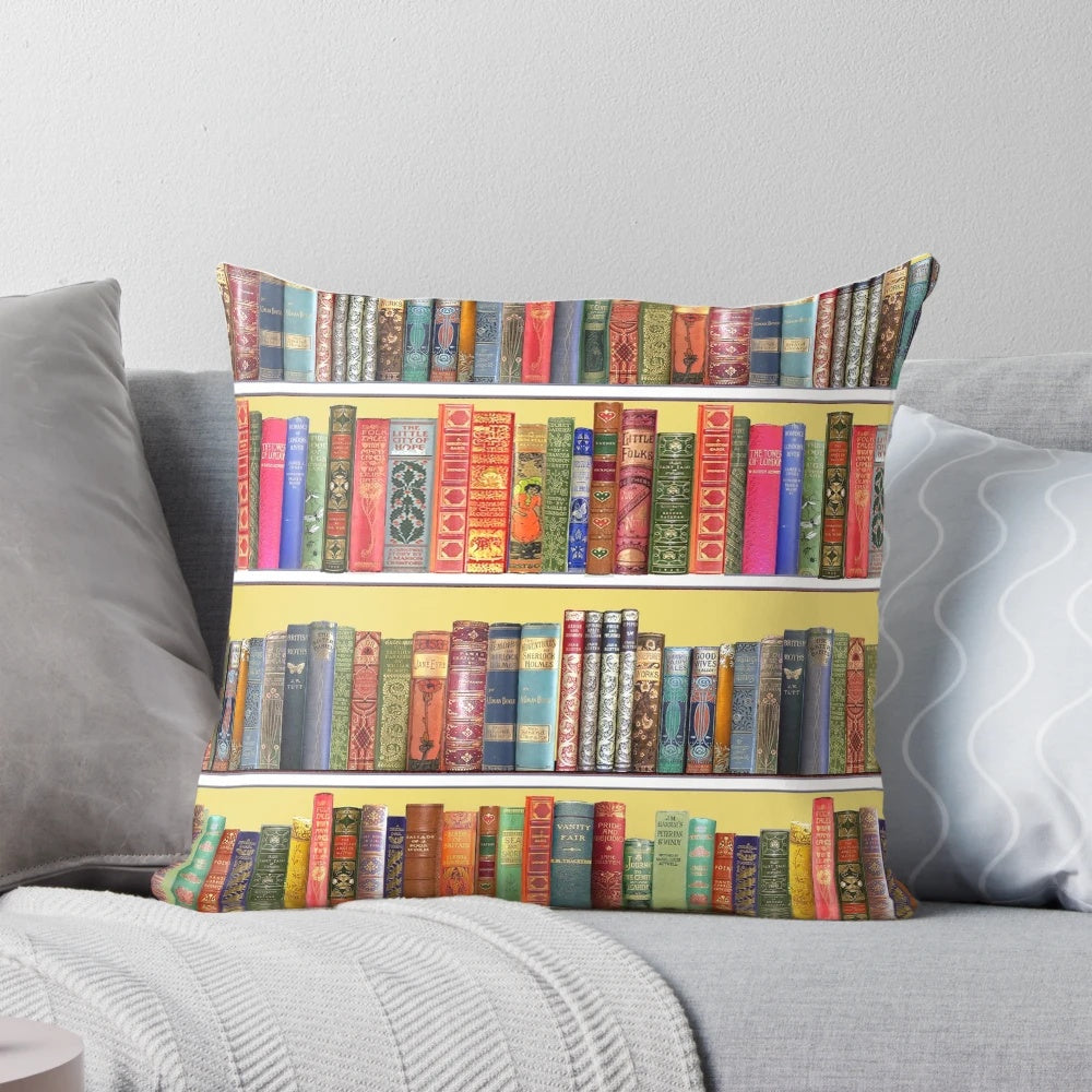 Cozy vintage bookshelf with Christmas books on a yellow pillow