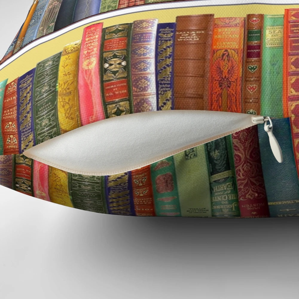 Cozy vintage bookshelf with Christmas books on a yellow pillow