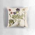 Vintage botanical pillow featuring a painterly study of an anemone flower and other botanicals.