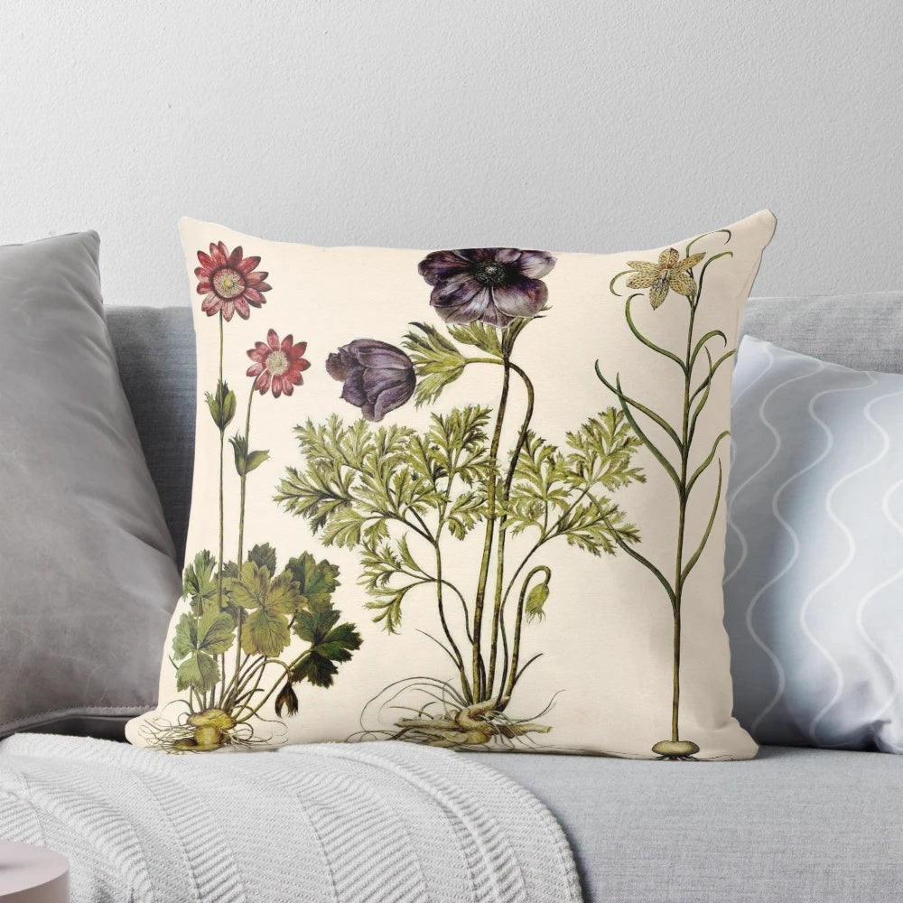 Vintage botanical pillow featuring a painterly study of an anemone flower and other botanicals.