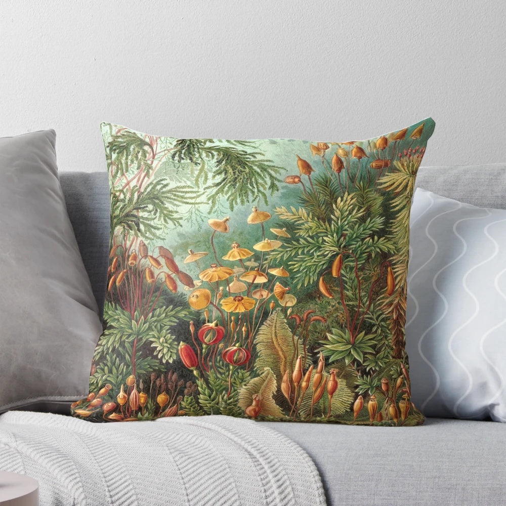 Vintage botanical art pillow featuring ernst haeckel inspired nature illustrations