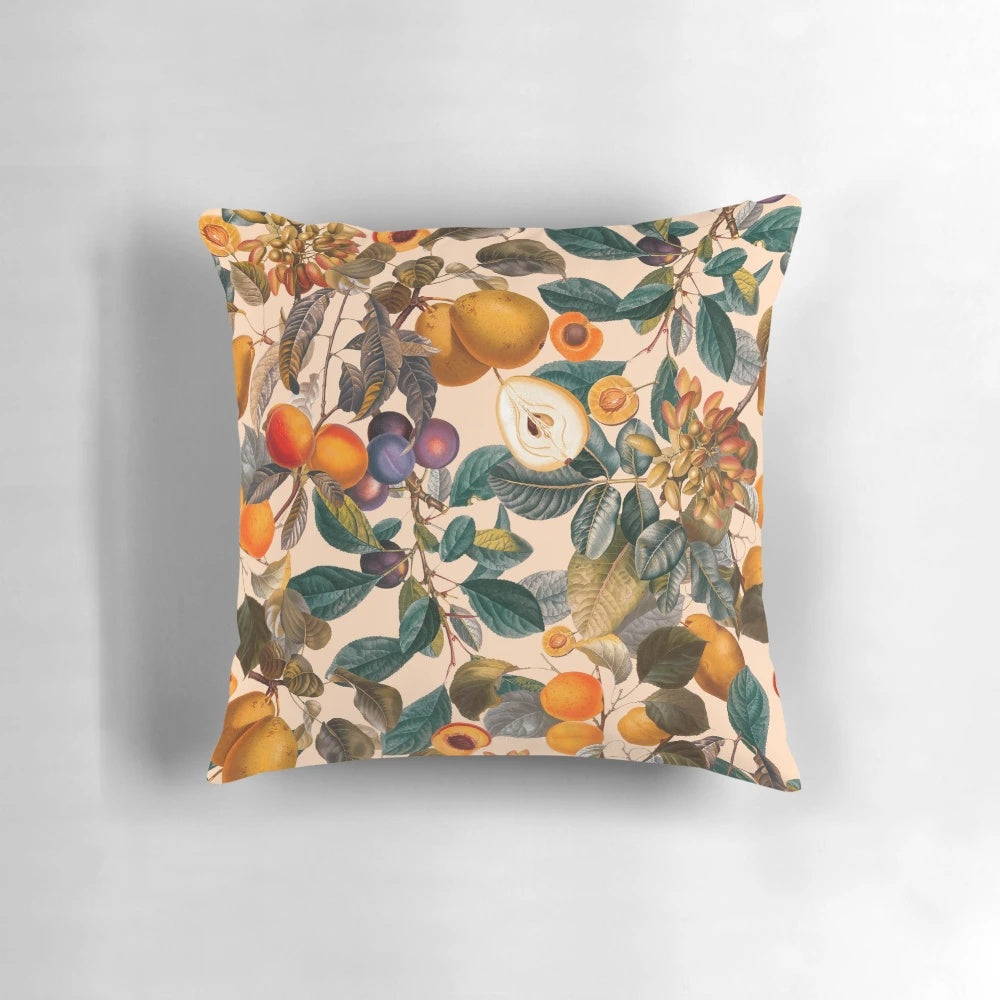 Vintage-style botanical throw pillow with a dark floral fruit pattern