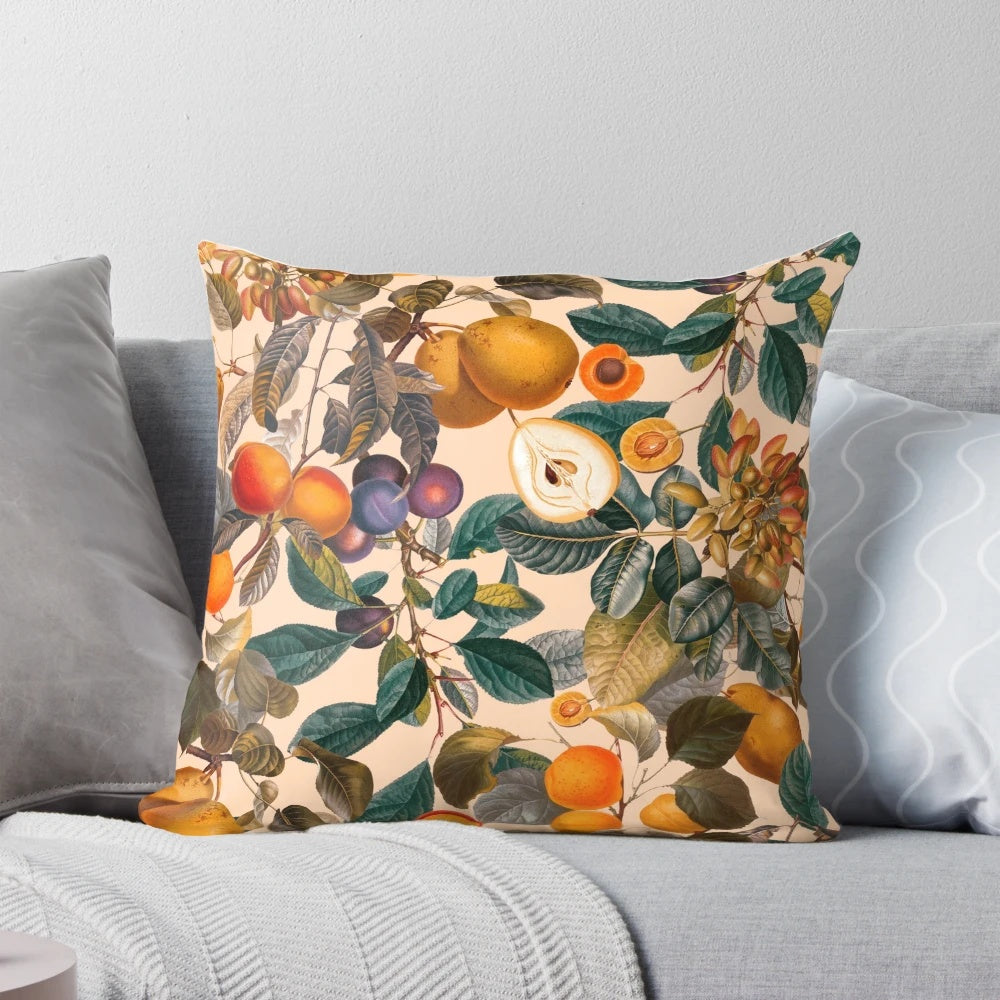 Vintage-style botanical throw pillow with a dark floral fruit pattern