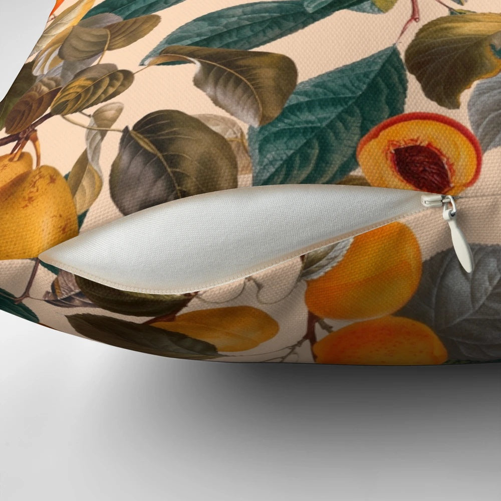 Vintage-style botanical throw pillow with a dark floral fruit pattern