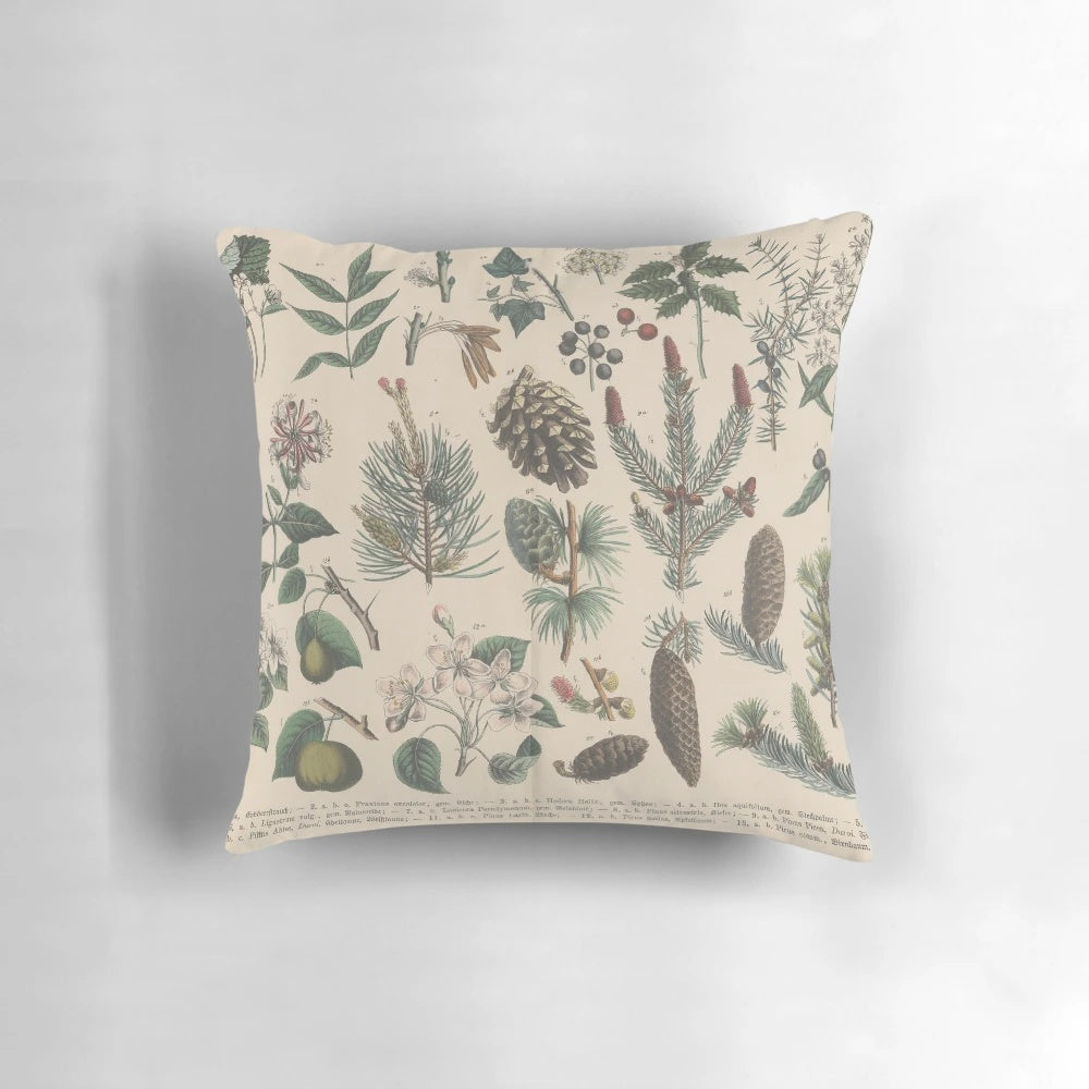 Vintage botanical illustration printed on a decorative throw pillow