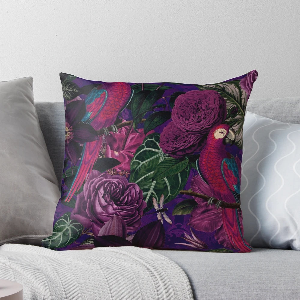 Vintage botanical illustration of a tropical jungle bird on a pillow