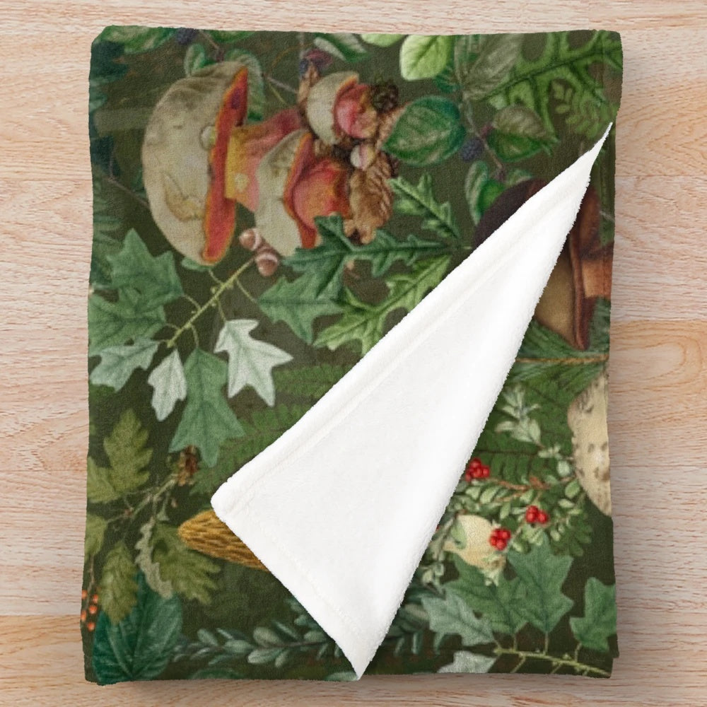 Vintage botanical mushroom forest garden pattern plush blanket