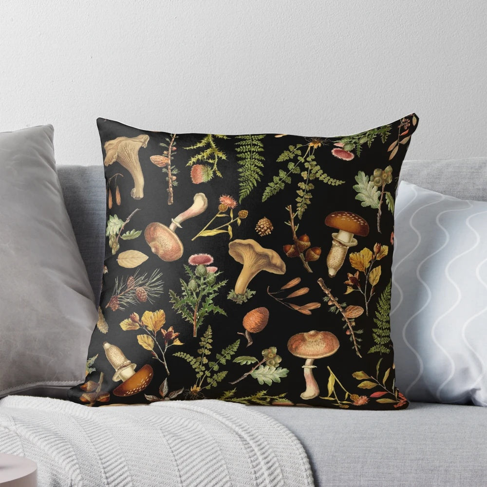 Vintage-inspired throw pillow featuring a botanical mushroom design in a dark, moody color palette