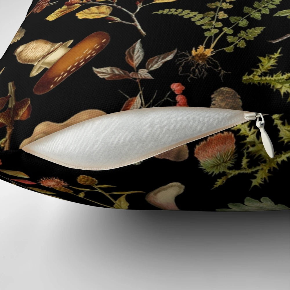 Vintage-inspired throw pillow featuring a botanical mushroom design in a dark, moody color palette