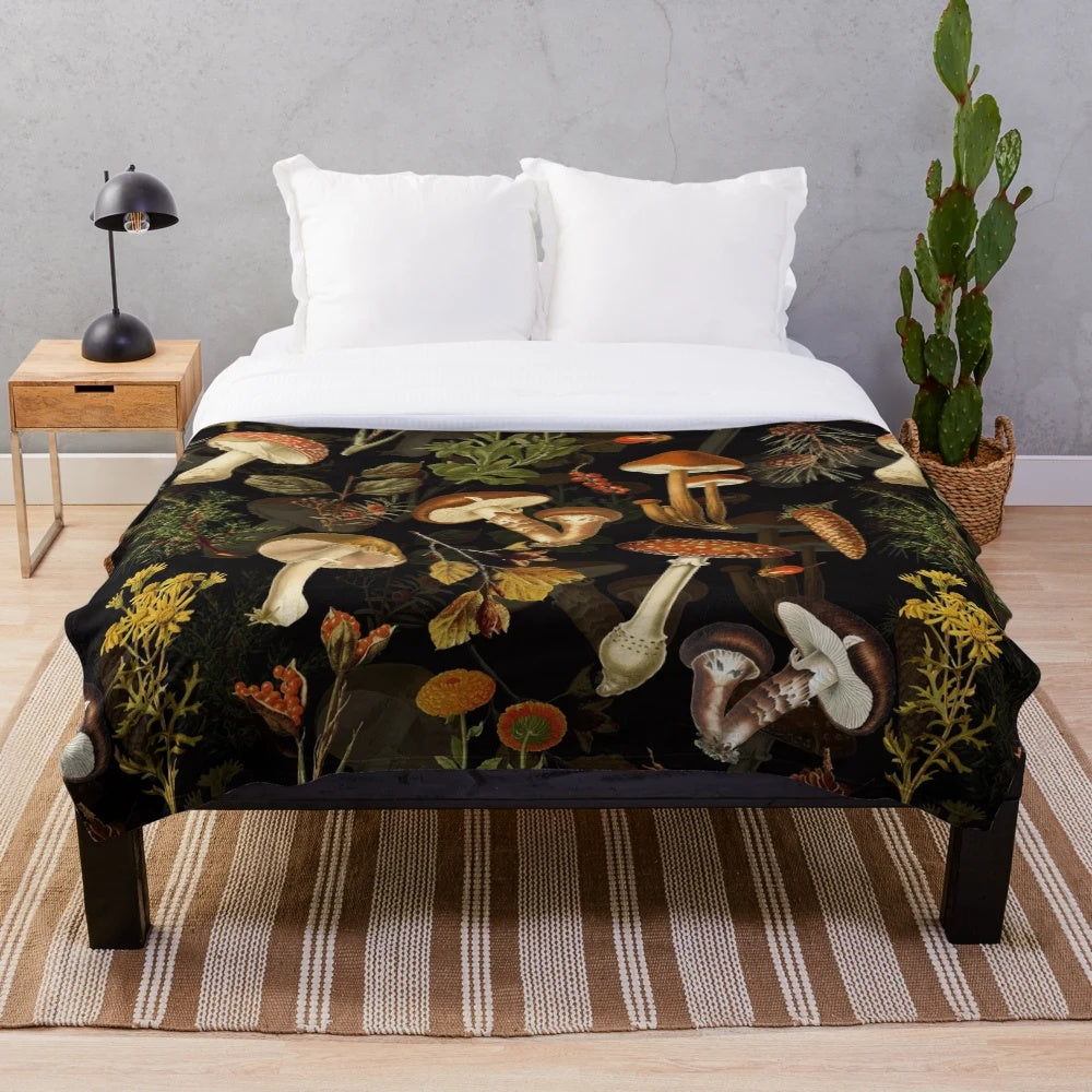 Vintage botanical mushroom pattern plush blanket in black and white