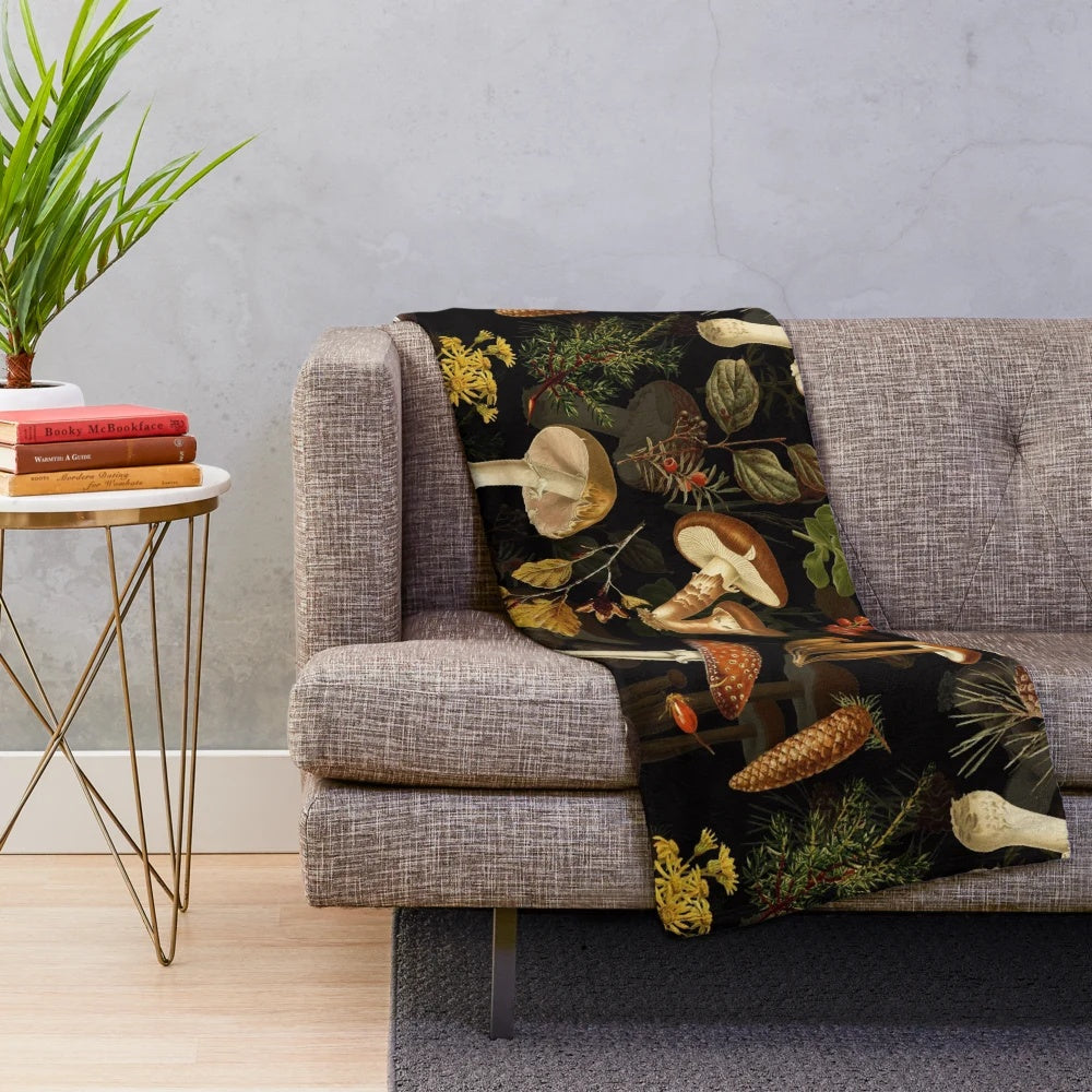 Vintage botanical mushroom pattern plush blanket in black and white