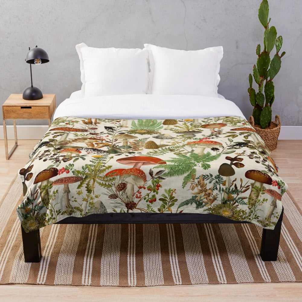 Vintage botanical pattern plush blanket with mushroom and floral design