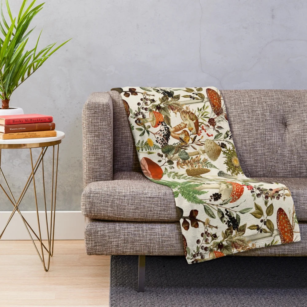 Vintage botanical pattern plush blanket with mushroom and floral design