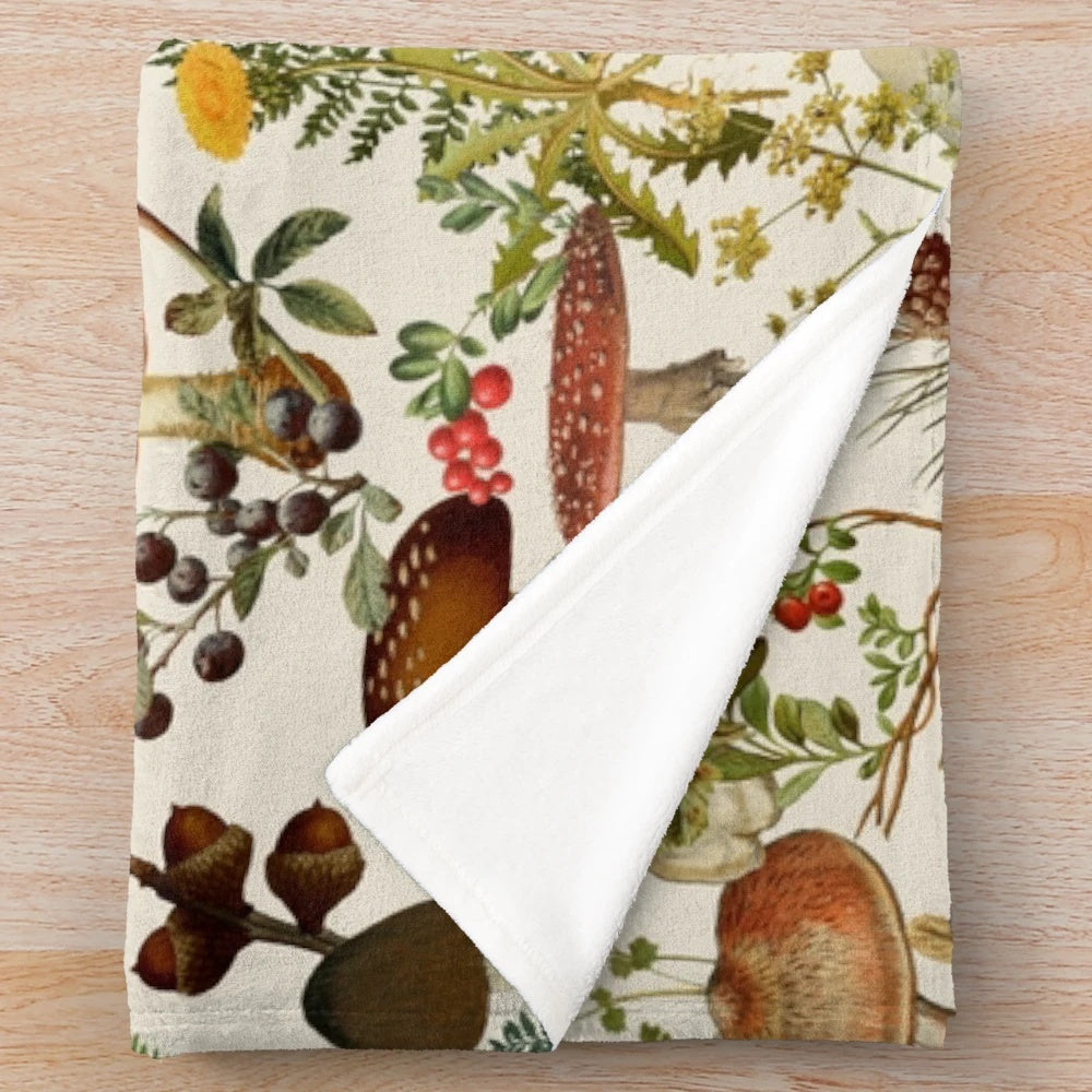 Vintage botanical pattern plush blanket with mushroom and floral design