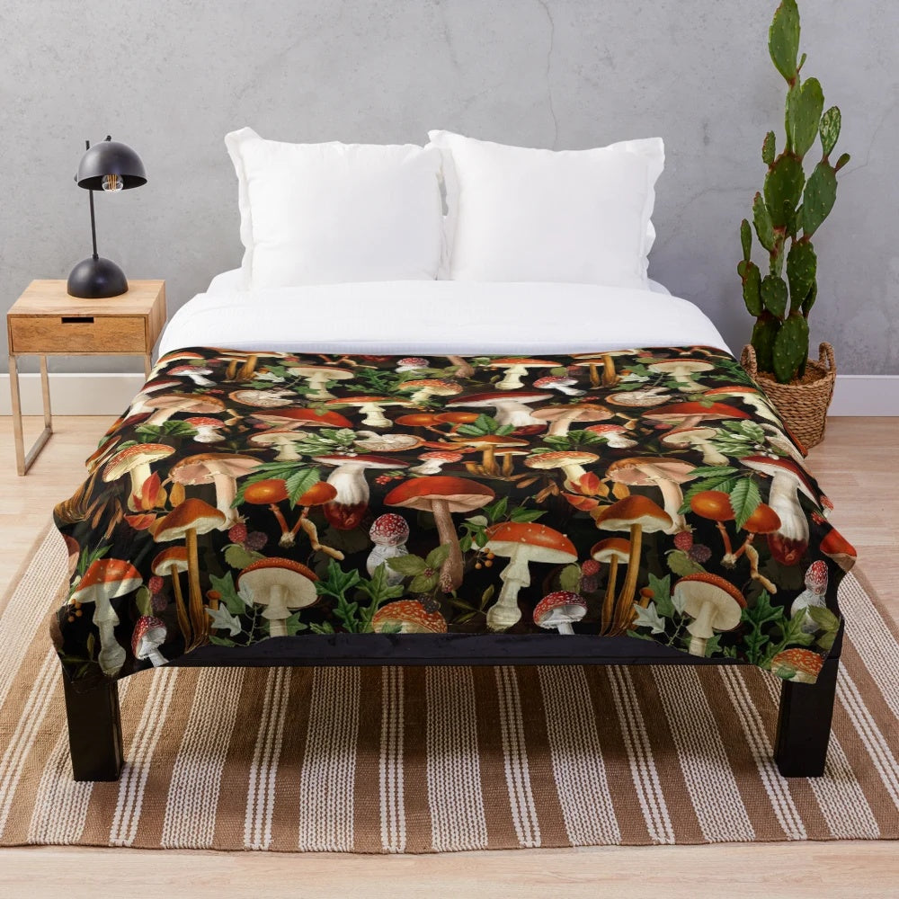 Vintage botanical mushroom pattern plush blanket