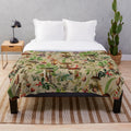Vintage-style botanical mushroom pattern plush blanket in sepia tones