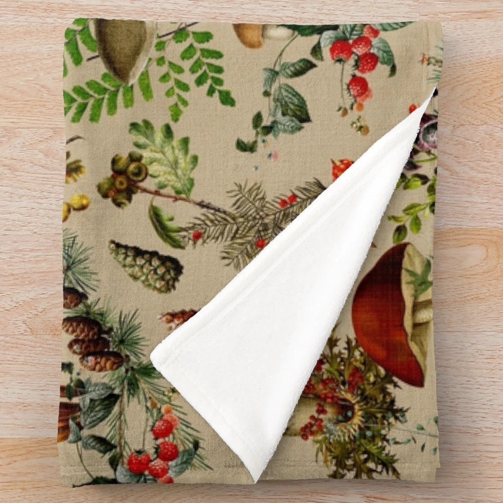 Vintage-style botanical mushroom pattern plush blanket in sepia tones